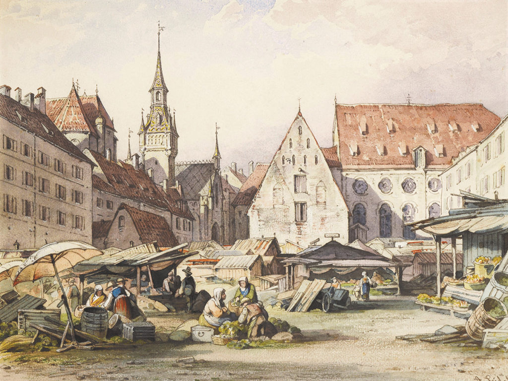 Aquarellierte Bleistiftzeichnung von August Seidel mit dem Viktualienmarkt in München in der Ausstellung Kosmos Alt-München im Münchner Künstlerhaus