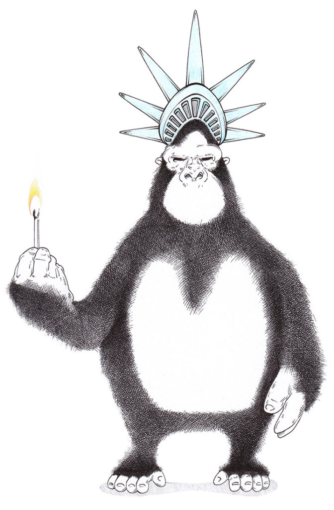 Zeichnung von Julian Opitz in der Ausstellung Karikaturensalon im Münchner Künstlerhaus