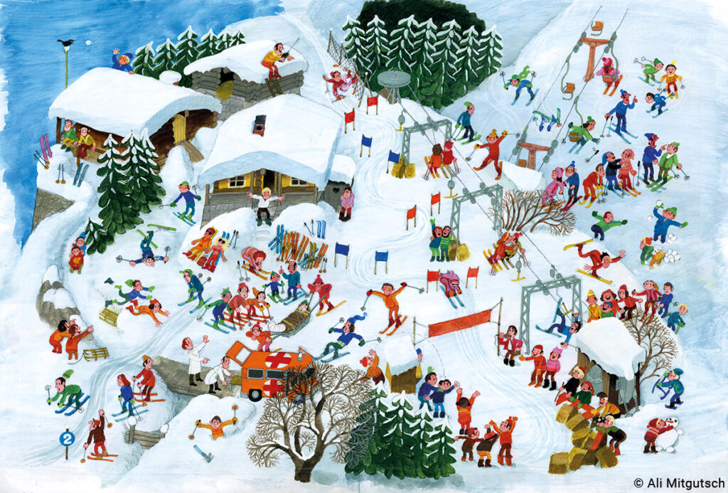 Wimmelbild von Ali Mitgutsch in der Ausstellung in der Internationalen Jugendbibliothek München