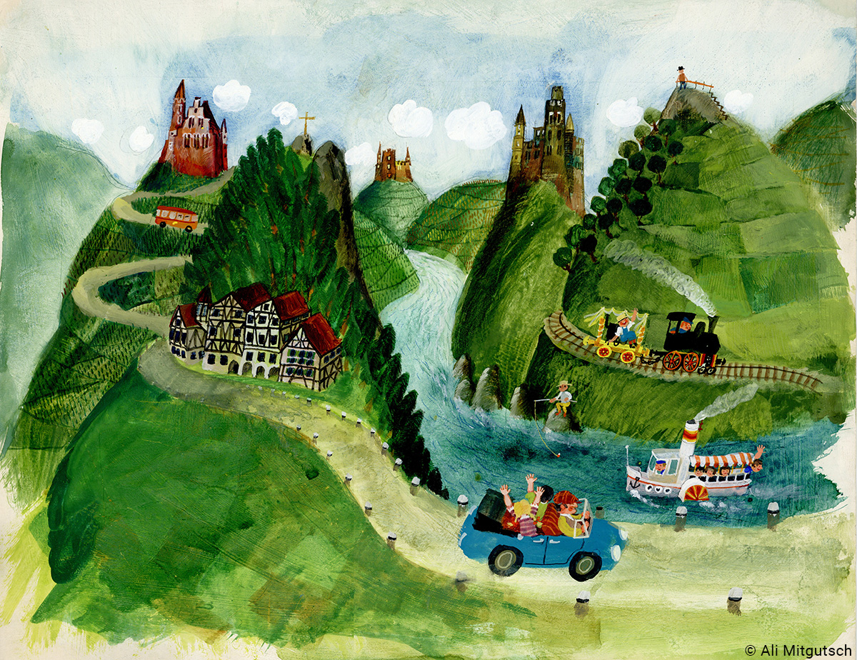 Bild mit Bergen und Seen von Ali Mitgutsch in der Ausstellung in der Internationalen Jugendbibliothek in München